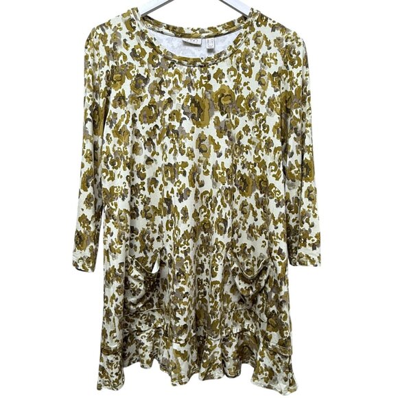 LOGO Lori Goldstein Tunic Tee Medium Olive Green Leopard Print Womens Top - Picture 1 of 10